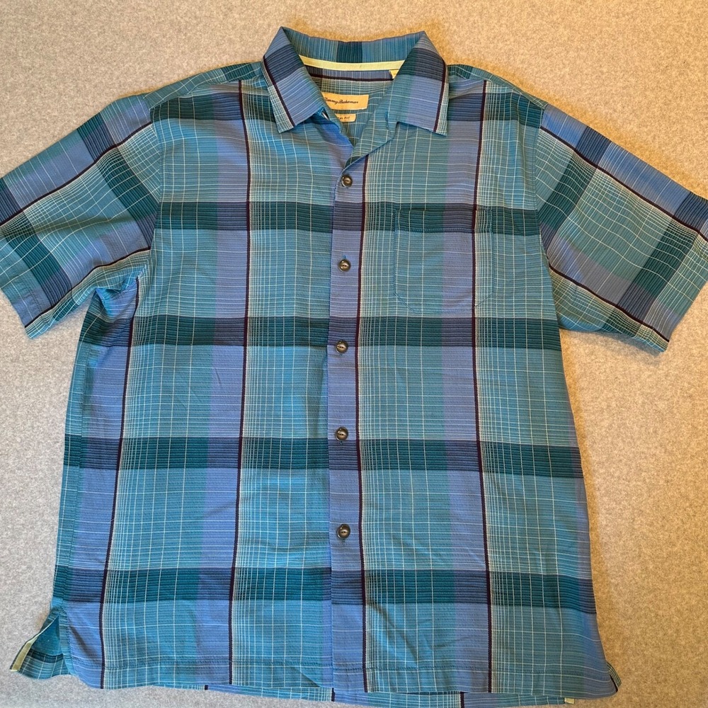Tommy Bahama Silk Camp Shirt Men's L Plaid Multi Blue SS Button-up